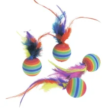 Набор игрушек Flamingo Rainbow Ball радужный мяч с перьями, для кошек, 4 шт, 3 см