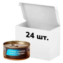 Упаковка консервов AnimAll для кошек, тунец с курицей, 85 г, 24 штуки