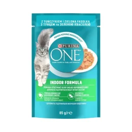 Влажный корм Purina One Indoor для взрослых кошек, живущих в помещении, с тунцом и зеленой фасолью в соусе, 85 г