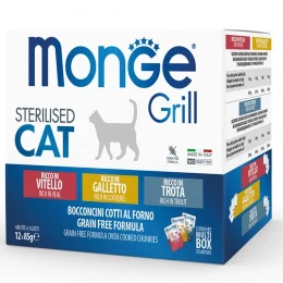 Набор влажного корма MONGE CAT GRILL MIX для стерилизованных кошек, с петушком, форелью, телятиной, 12×100 г
