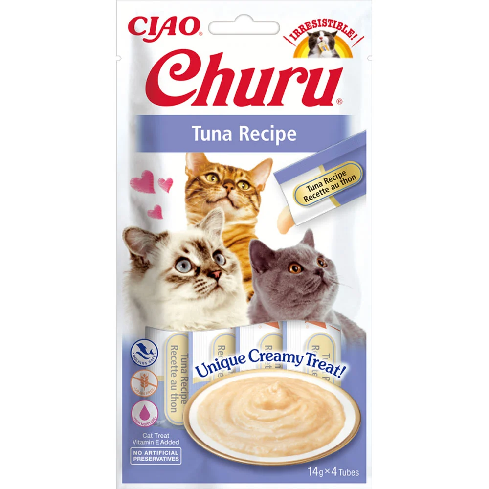 Лакомство Inaba Churu для кошек, сливочный мусс в стиках, с тунцем, 4×14 г