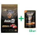 Сухий корм AnimAll для дорослих собак великих порід, зі свіжою індичкою та ягням, 12 кг + 12 паучів волого корму у подарунок
