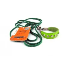 Ринговка зі шкіряною накладкою і стразами Dog Extreme для собак 5 мм, 130 см, салатовий