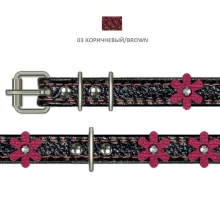Нашийник Cristel для собак, тришаровий, стрази "квіти", фурнітура з заклепками, шкіра, 15мм / 40см, коричневий