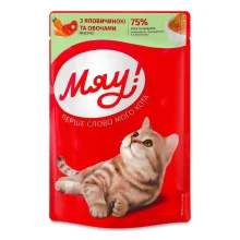 Вологий корм Мяу! для котів, з яловичиною та овочами в желе, пауч, 85 г