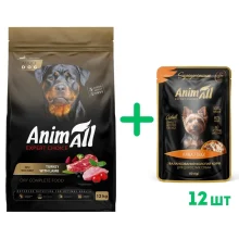Сухий корм AnimAll для дорослих собак великих порід, зі свіжою індичкою та ягням, 12 кг + 12 паучів волого корму у подарунок
