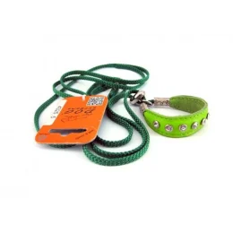Ринговка зі шкіряною накладкою і стразами Dog Extreme для собак 5 мм, 130 см, салатовий