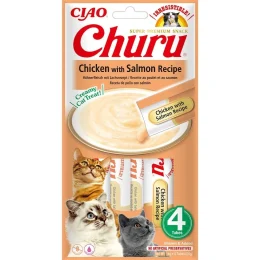 Ласощі INABA "Churu" для котів, вершковий мус з куркою і лососем, 4 шт, 56 г