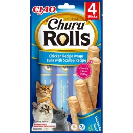 Ласощі INABA "Churu Rolls" для котів, з куркою, тунцем і морським гребінцем, 4 шт, 40 г