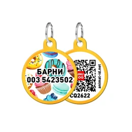 Адресник персональний WAUDOG Smart ID з QR-паспортом, з малюнком "Пампушки", діаметр 25 мм, золото