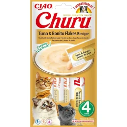 Ласощі INABA "Churu" для котів, вершковий мус з тунцем і пластівцями боніто, 4 шт, 56 г