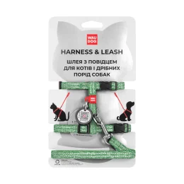 Шлея з повідцем світловідбиваючі WAUDOG Re-cotton для котів, з QR паспортом, бавовна, XS, зелений