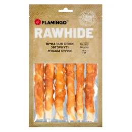 Ласощі Flamingo СНЕК R'HIDE, жувальні стіки з яловичої шкіри, обгорнуті м'ясом курки, для собак, 180 г (6 шт, 15 см)