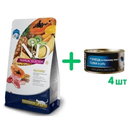 Сухий низькозерновий корм Farmina N&D TROPICAL SELECTION для стерилізованих дорослих котів, з ягням та тропічними фруктами, 1,5 кг + 4 консерви у подарунок