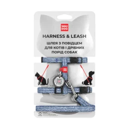Шлея з повідцем світловідбиваючі WAUDOG Re-cotton для котів, з QR паспортом, бавовна, XS, синій